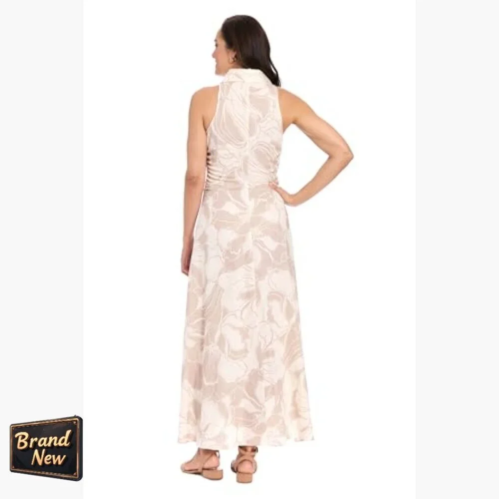 Sleeveless Collared Button Front A-Line Maxi Dress Linen Rayon Blend